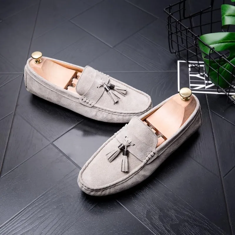 Mens Loafers Shoe Round Toe Solid Color with Tassel Suede Vamp Driving Loafers Resistant Flat Heel Anti-Slip Walking Slip On