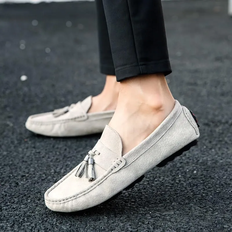 Mens Loafers Shoe Round Toe Solid Color with Tassel Suede Vamp Driving Loafers Resistant Flat Heel Anti-Slip Walking Slip On