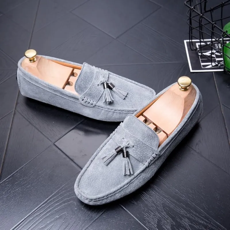 Mens Loafers Shoe Round Toe Solid Color with Tassel Suede Vamp Driving Loafers Resistant Flat Heel Anti-Slip Walking Slip On