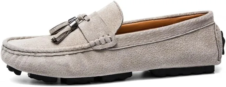 Mens Loafers Shoe Round Toe Solid Color with Tassel Suede Vamp Driving Loafers Resistant Flat Heel Anti-Slip Walking Slip On