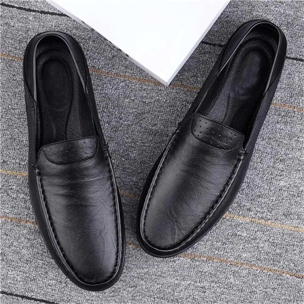 Mens Loafers Solid Colors Simple PU Leather Flat Heel Comfortable Lightweight Outdoor Slip-On Boat Shoes