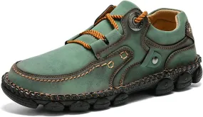Men's Vintage Leather Casual Loafers Hand-Stitched Lace-Up Non-Slip Waterproof Sneakers Fashionable Comfortable Walking Driving Shoes