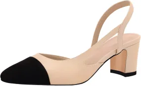 MICIFA Slingback Heels for WomenRound Toe Chunky Heeled Pumps Ankle Strap Fashion Splicing Dress Shoes