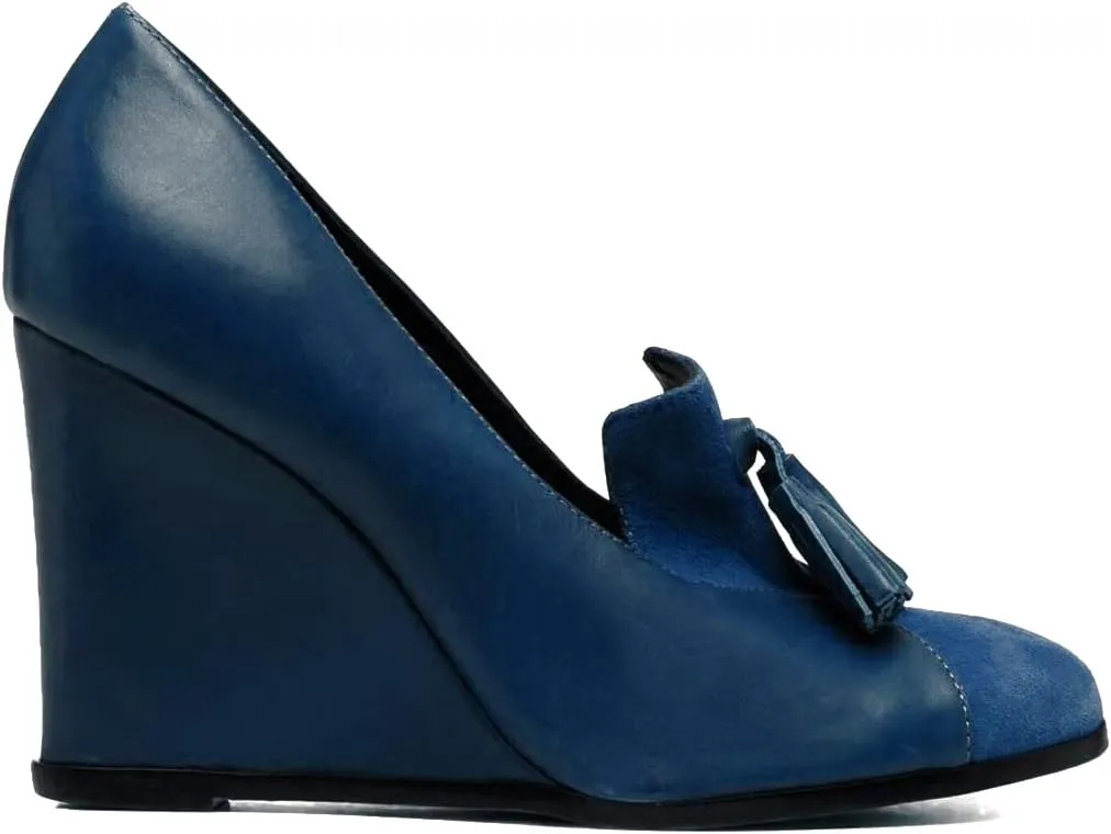 MOOMMO Women Chunky High Heel Wedge Pumps with Tassels Round Toe Slip On Fringed Dress Shoes 4 Inch High Block Heel Suede Loafers Shoes Cap Closed Toe Patchwork Dressy Comfort Wedding Party 4-11 M US