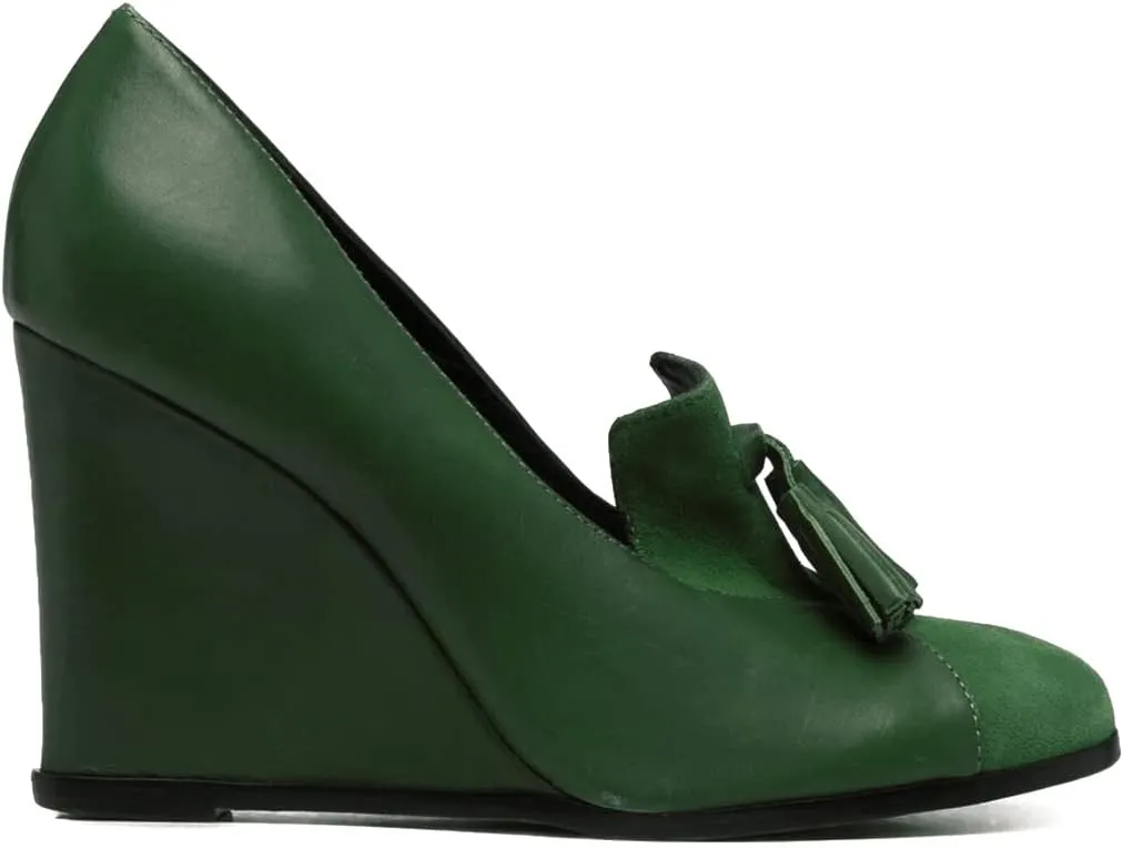MOOMMO Women Chunky High Heel Wedge Pumps with Tassels Round Toe Slip On Fringed Dress Shoes 4 Inch High Block Heel Suede Loafers Shoes Cap Closed Toe Patchwork Dressy Comfort Wedding Party 4-11 M US