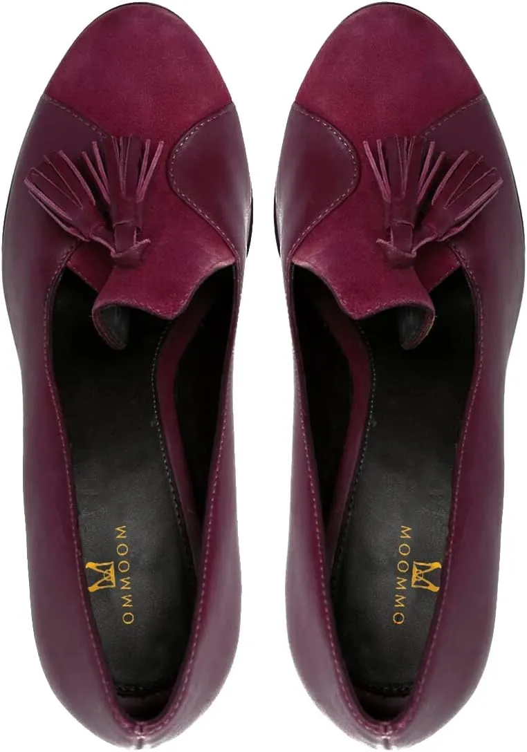 MOOMMO Women Chunky High Heel Wedge Pumps with Tassels Round Toe Slip On Fringed Dress Shoes 4 Inch High Block Heel Suede Loafers Shoes Cap Closed Toe Patchwork Dressy Comfort Wedding Party 4-11 M US