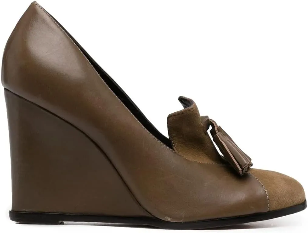 MOOMMO Women Chunky High Heel Wedge Pumps with Tassels Round Toe Slip On Fringed Dress Shoes 4 Inch High Block Heel Suede Loafers Shoes Cap Closed Toe Patchwork Dressy Comfort Wedding Party 4-11 M US