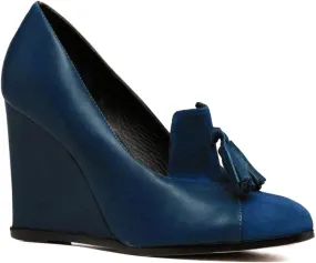 MOOMMO Women Chunky High Heel Wedge Pumps with Tassels Round Toe Slip On Fringed Dress Shoes 4 Inch High Block Heel Suede Loafers Shoes Cap Closed Toe Patchwork Dressy Comfort Wedding Party 4-11 M US