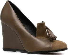 MOOMMO Women Chunky High Heel Wedge Pumps with Tassels Round Toe Slip On Fringed Dress Shoes 4 Inch High Block Heel Suede Loafers Shoes Cap Closed Toe Patchwork Dressy Comfort Wedding Party 4-11 M US