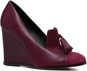 MOOMMO Women Chunky High Heel Wedge Pumps with Tassels Round Toe Slip On Fringed Dress Shoes 4 Inch High Block Heel Suede Loafers Shoes Cap Closed Toe Patchwork Dressy Comfort Wedding Party 4-11 M US