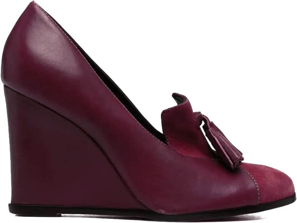 MOOMMO Women Chunky High Heel Wedge Pumps with Tassels Round Toe Slip On Fringed Dress Shoes 4 Inch High Block Heel Suede Loafers Shoes Cap Closed Toe Patchwork Dressy Comfort Wedding Party 4-11 M US