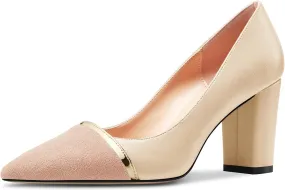 NobleOnly Womens Mid Block Heel Pointed Toe Slip-on Patchwork Pumps Prom Casual Party Dress Shoes 3.2 Inches Heels