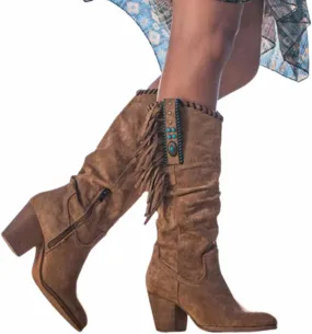 OMEARK Women's Cowboy Tall Boots, Fashion Round Toe High Heel Long Boots with Fringe, Winter Suede Wide Calf Western Cowboy Boots Side Zipper Thick Heels Biker Boots for Ladies