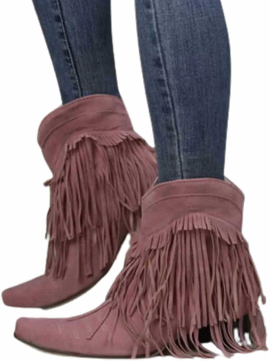 OMEARK Women's Fringed Cowboy Boots, Fashion Flat Suede Mid-Calf Ankle Boots, Winter Fur Lining Slip-On Western Tassel Short Booties Shoes