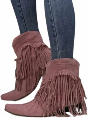 OMEARK Women's Fringed Cowboy Boots, Fashion Flat Suede Mid-Calf Ankle Boots, Winter Fur Lining Slip-On Western Tassel Short Booties Shoes