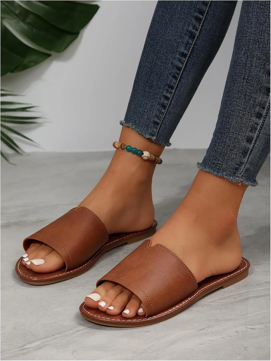 OYOANGLE Women's PU Leather Open Toe Flat Sandals Single Band Summer Casual Slip on Slides
