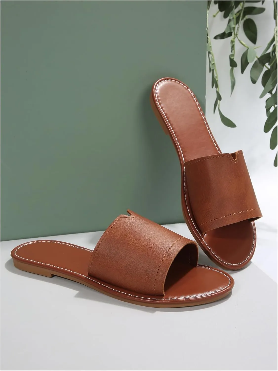 OYOANGLE Women's PU Leather Open Toe Flat Sandals Single Band Summer Casual Slip on Slides