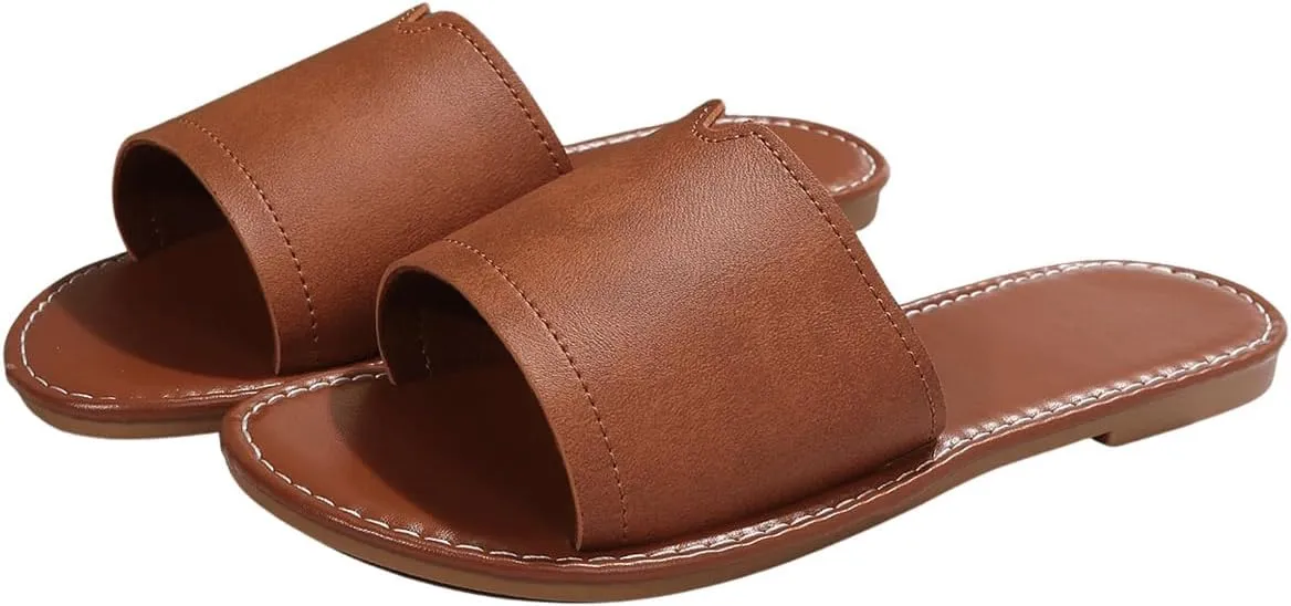 OYOANGLE Women's PU Leather Open Toe Flat Sandals Single Band Summer Casual Slip on Slides