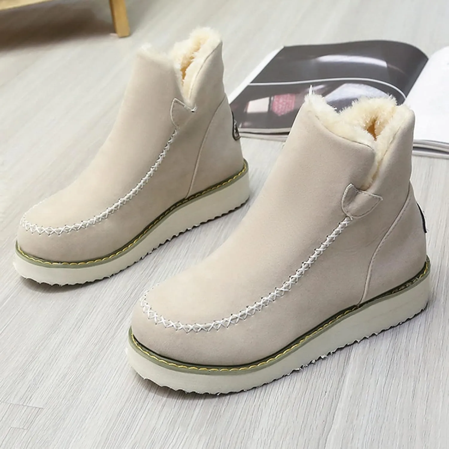 Platform Snow Boots for Women 2022 Winter Fashion Round Toe Plush Warm Slip on Flat Ankle Booties Solid Casual Comfortable Outdoor Ladies Shoes