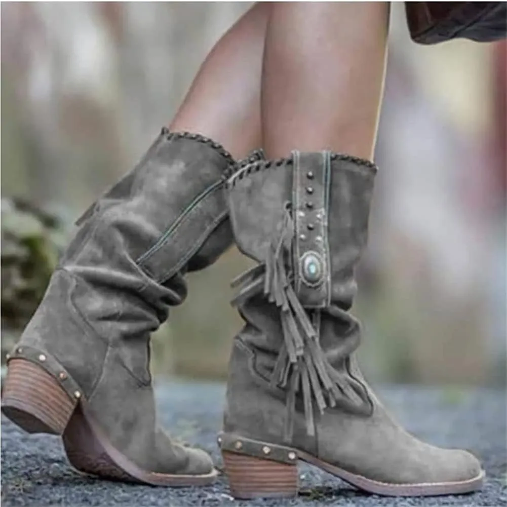 Round Toe Western Cowboy Boots Womens Low Chunky Heel Booties Shoes Retro Casual Fashion Short Ankle Boots with Fringe Breathable Non-Slip Work Boots