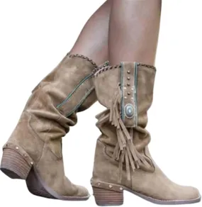 Round Toe Western Cowboy Boots Womens Low Chunky Heel Booties Shoes Retro Casual Fashion Short Ankle Boots with Fringe Breathable Non-Slip Work Boots