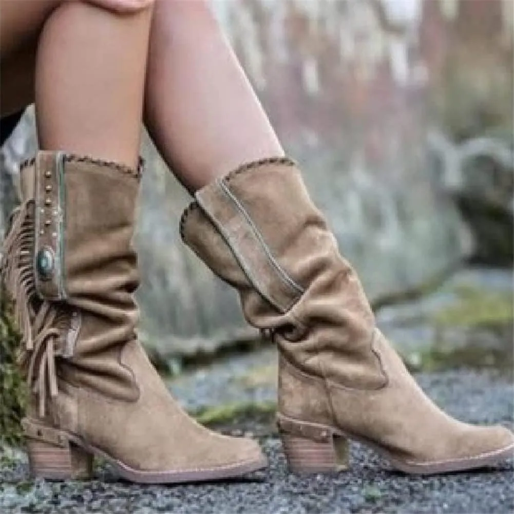 Round Toe Western Cowboy Boots Womens Low Chunky Heel Booties Shoes Retro Casual Fashion Short Ankle Boots with Fringe Breathable Non-Slip Work Boots