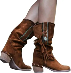 Round Toe Western Cowboy Boots Womens Low Chunky Heel Booties Shoes Retro Casual Fashion Short Ankle Boots with Fringe Breathable Non-Slip Work Boots