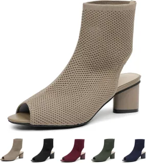 SACFOF Women's Knit Peep Toe Chunky Heel Ankle Boots Open Pointed Toe Slingback Heeled Sandals Summer Casual Slip On Dress Sock Booties