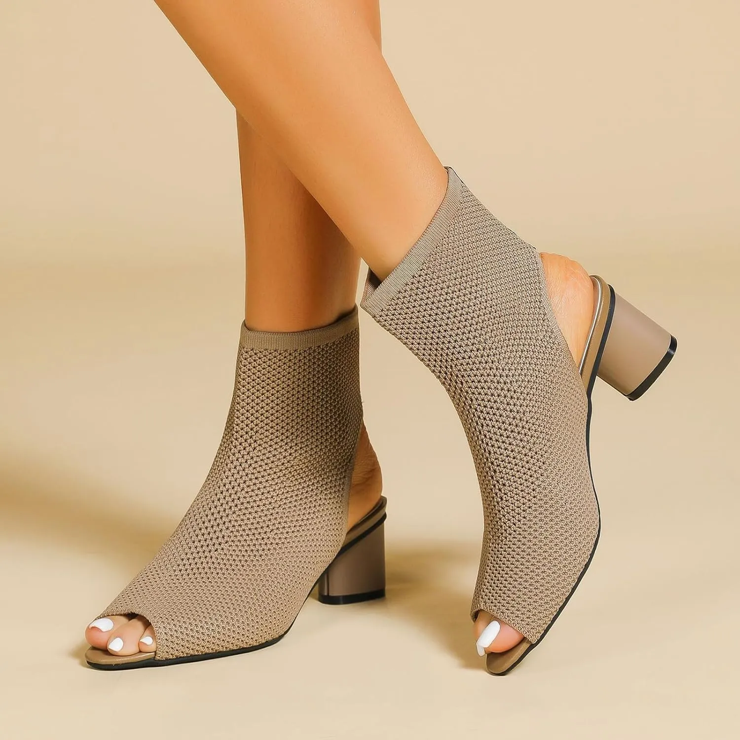 SACFOF Women's Knit Peep Toe Chunky Heel Ankle Boots Open Pointed Toe Slingback Heeled Sandals Summer Casual Slip On Dress Sock Booties
