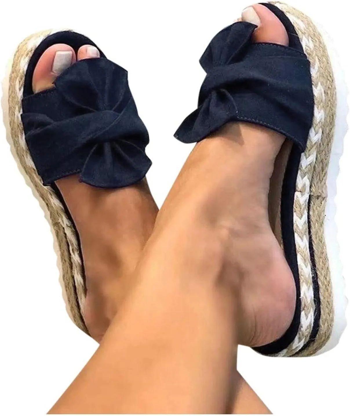 Slides Sandals for Women Fashion Bow Knot Embroidered Platform Sandal Slip On Open Toe Flat Sandals Solid Color Slipper Casual Walking Outdoors Shoes Footwear