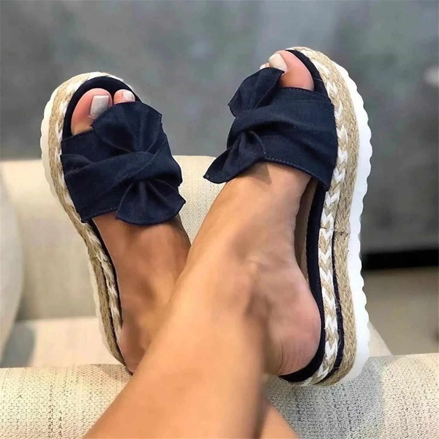 Slides Sandals for Women Fashion Bow Knot Embroidered Platform Sandal Slip On Open Toe Flat Sandals Solid Color Slipper Casual Walking Outdoors Shoes Footwear