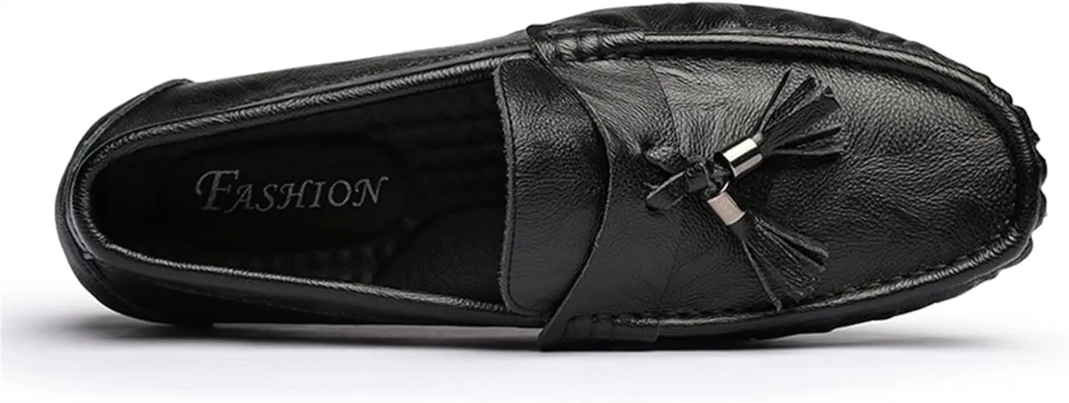 Smoking Loafer Driving Moccasins for Men Genuine Leather Tassel Stitching Details Round Toe Lightweight Flexible Anti-Slip Resistant Flat Heel for Any Attire