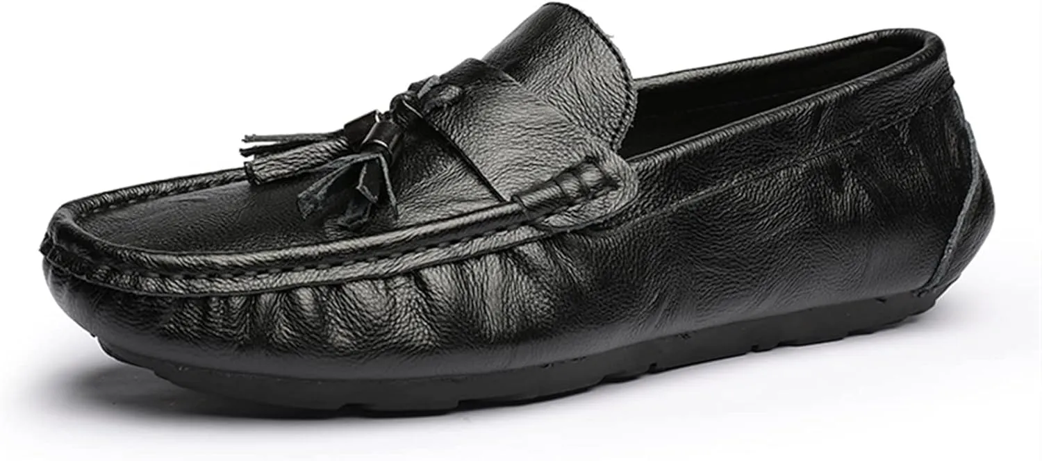 Smoking Loafer Driving Moccasins for Men Genuine Leather Tassel Stitching Details Round Toe Lightweight Flexible Anti-Slip Resistant Flat Heel for Any Attire