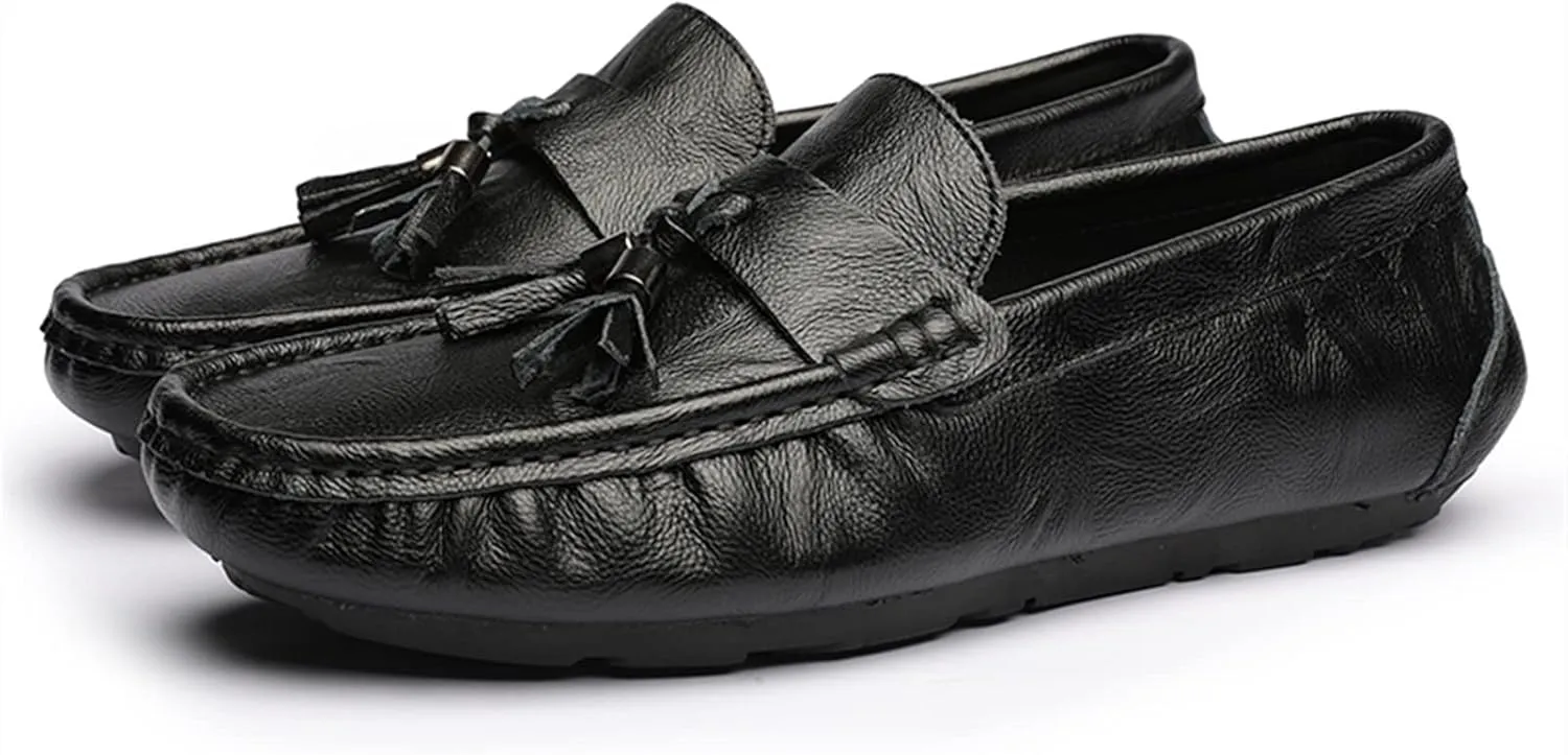 Smoking Loafer Driving Moccasins for Men Genuine Leather Tassel Stitching Details Round Toe Lightweight Flexible Anti-Slip Resistant Flat Heel for Any Attire