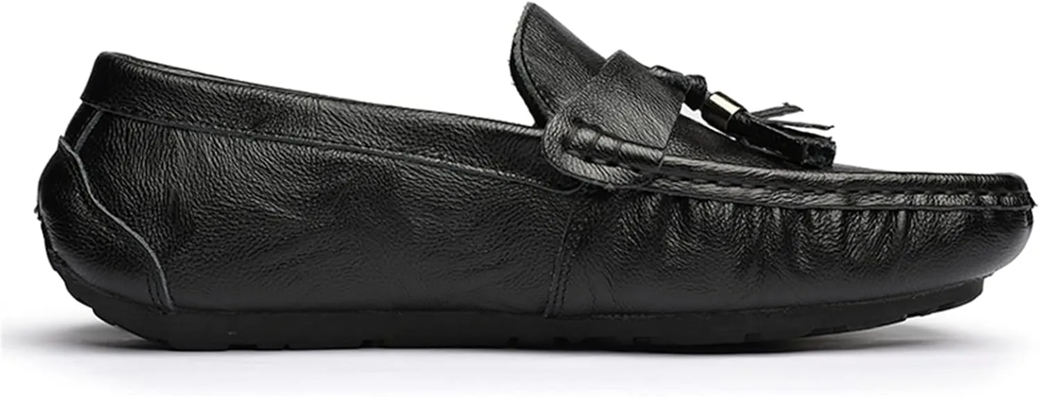 Smoking Loafer Driving Moccasins for Men Genuine Leather Tassel Stitching Details Round Toe Lightweight Flexible Anti-Slip Resistant Flat Heel for Any Attire