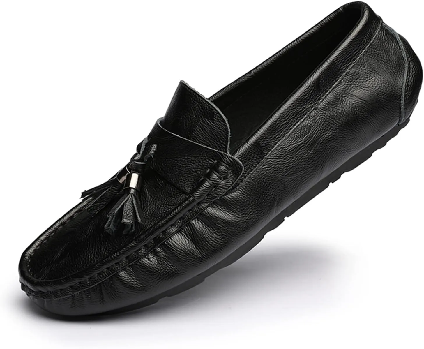 Smoking Loafer Driving Moccasins for Men Genuine Leather Tassel Stitching Details Round Toe Lightweight Flexible Anti-Slip Resistant Flat Heel for Any Attire
