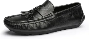 Smoking Loafer Driving Moccasins for Men Genuine Leather Tassel Stitching Details Round Toe Lightweight Flexible Anti-Slip Resistant Flat Heel for Any Attire