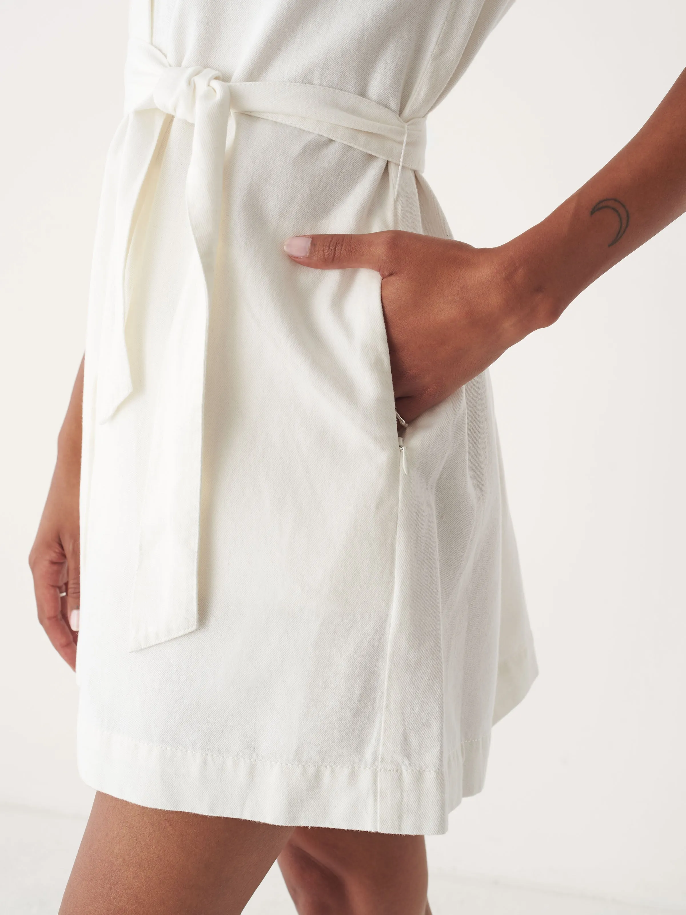 The Hemp Denim Camp Collar Dress in Off White