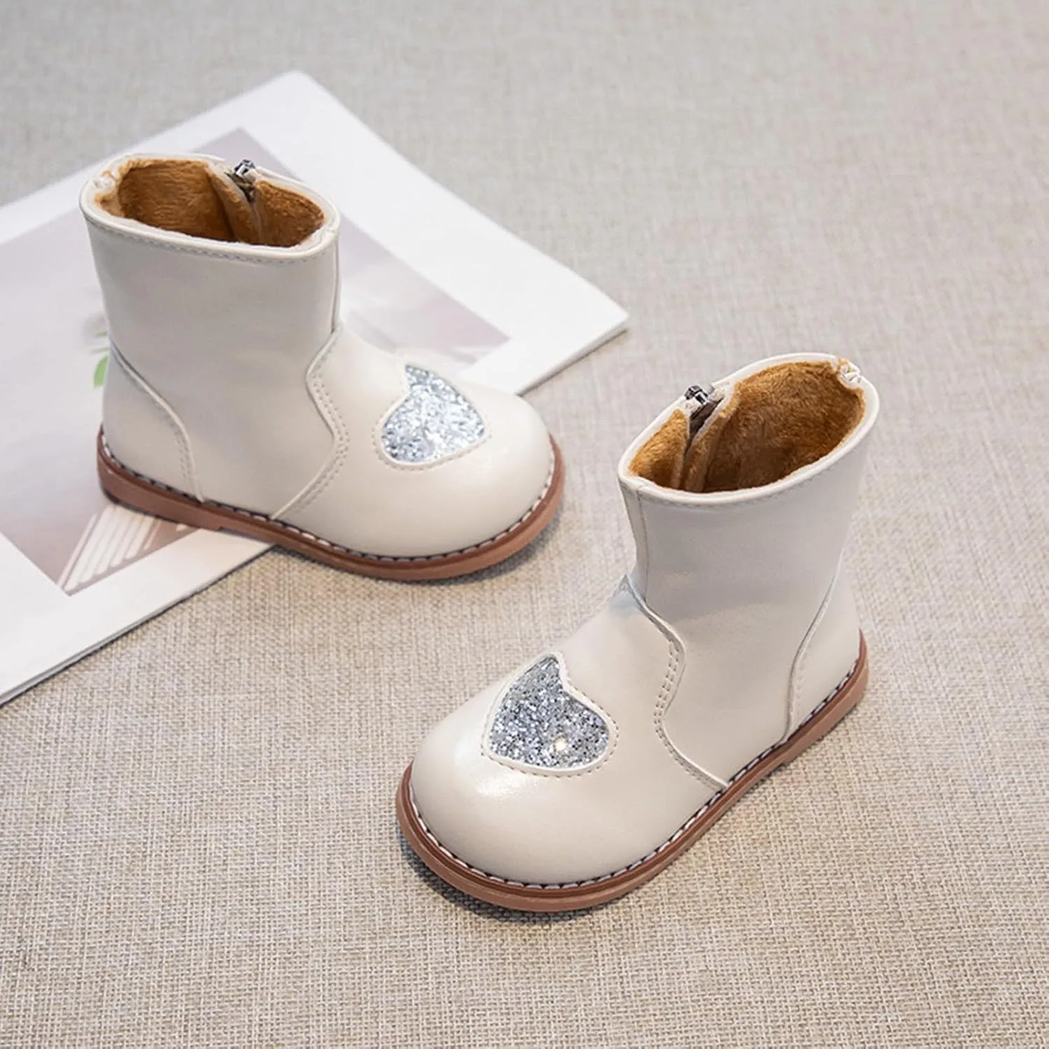 Toddler/Little Kid Girls Sweet Short Ankle Boots Heart Sequin Side Zipper Dress Booties 2024 Fashion Walking Shoes