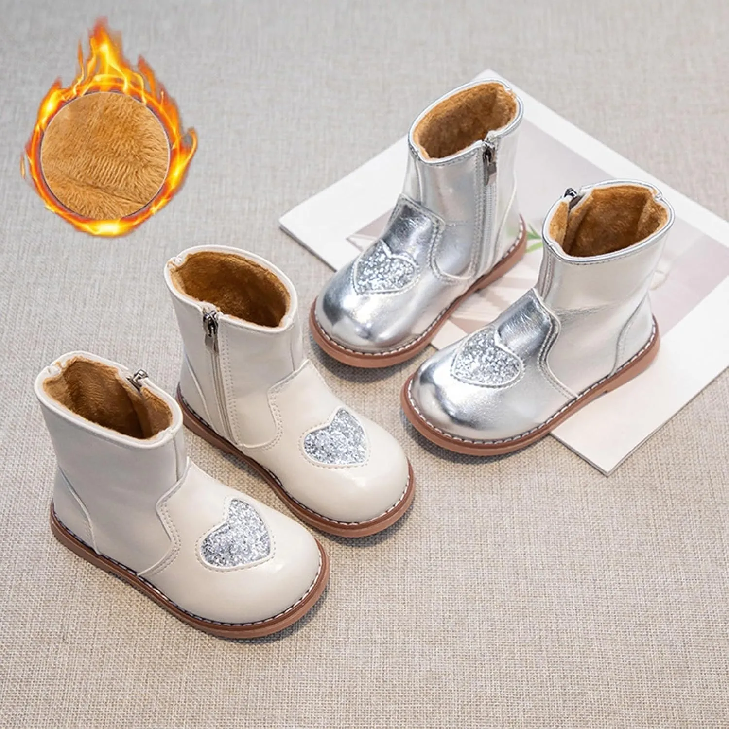 Toddler/Little Kid Girls Sweet Short Ankle Boots Heart Sequin Side Zipper Dress Booties 2024 Fashion Walking Shoes
