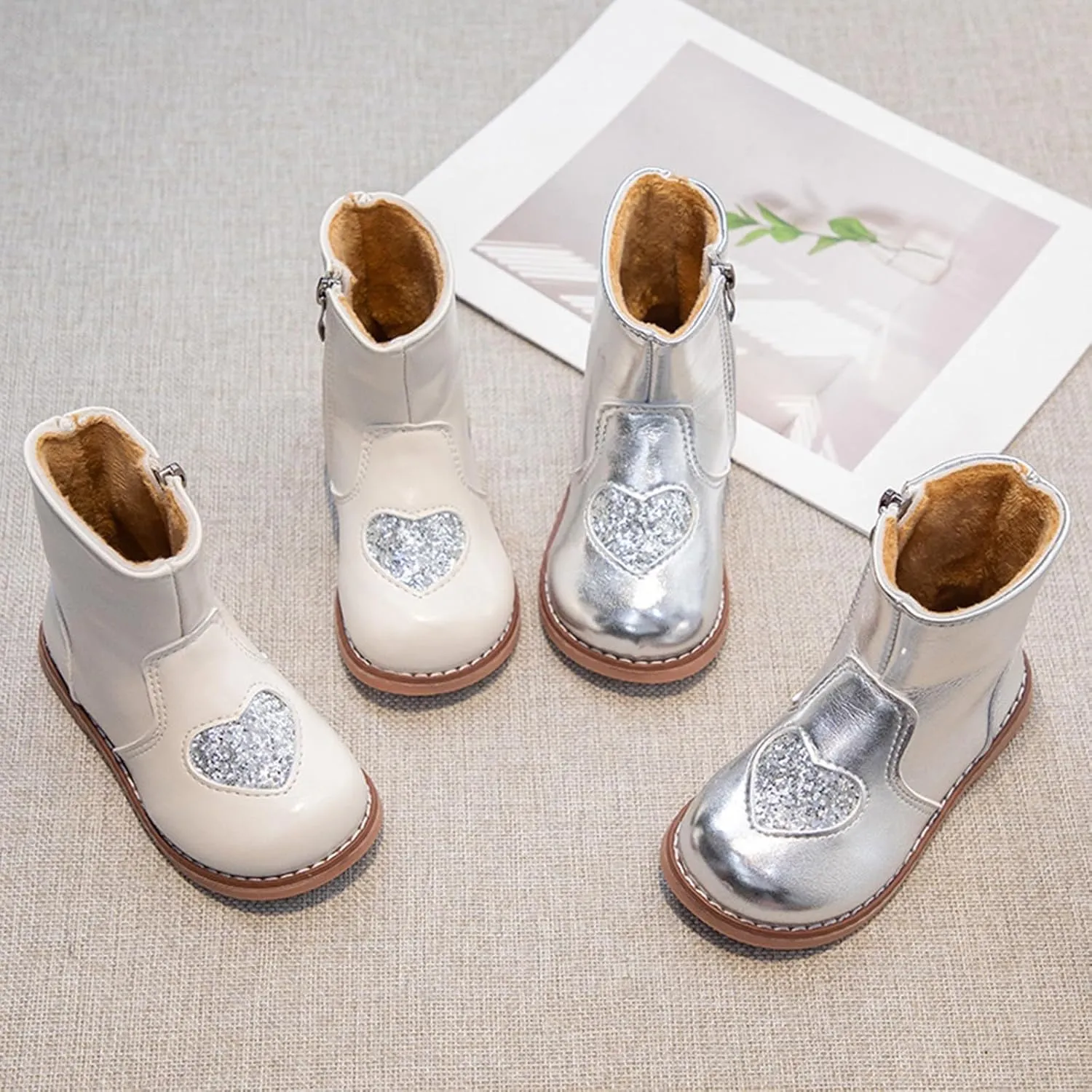 Toddler/Little Kid Girls Sweet Short Ankle Boots Heart Sequin Side Zipper Dress Booties 2024 Fashion Walking Shoes