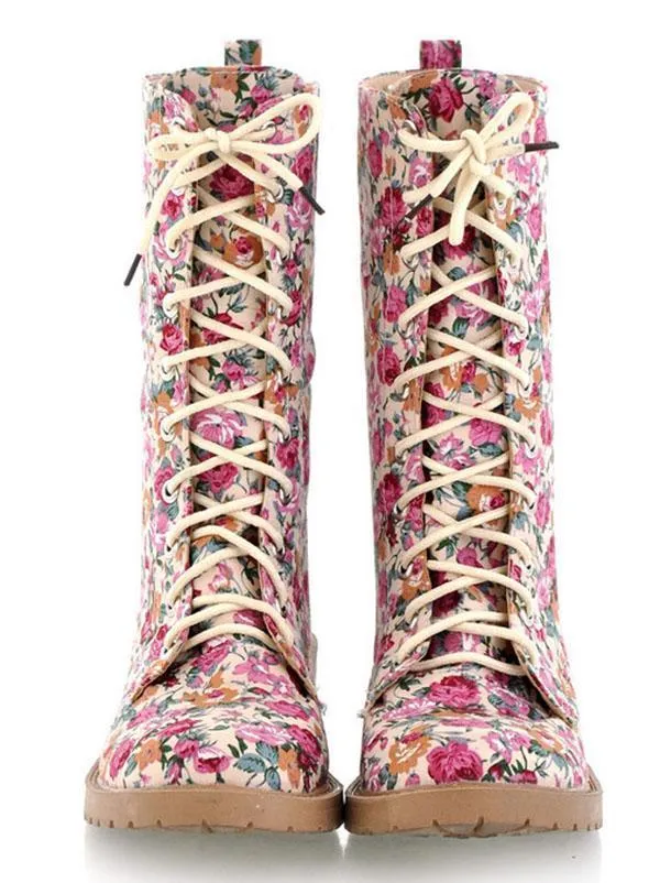 Women Floral Martin Low-heel Boots Shoes