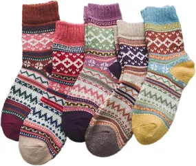 Women Socks, 5 Pairs Vintage Style Soft Wool Thermal Winter Warm Knitting Socks for Home Office School Hiking
