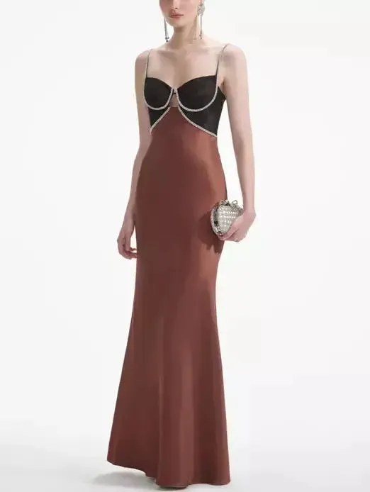 Women’s Brown Crystal-Detailed Satin Maxi Dress