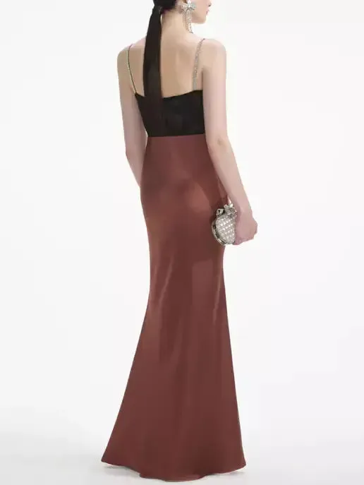 Women’s Brown Crystal-Detailed Satin Maxi Dress