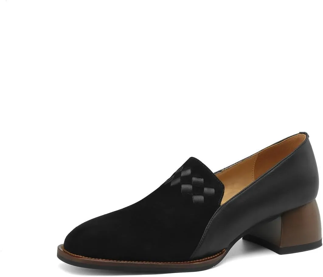 Women's Genuine Leather Square Toe Weave Patchwork Handmade Loafers Shoes