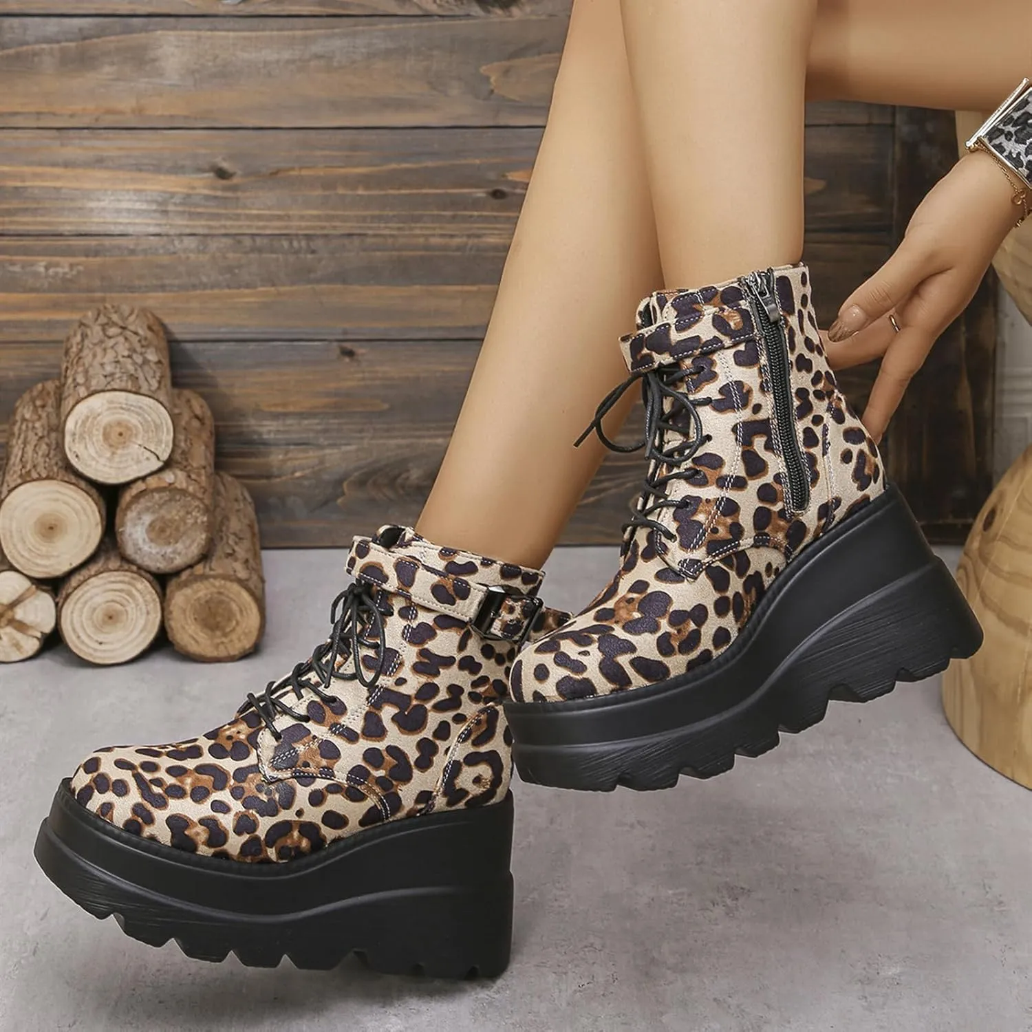 Womens Goth Ankle Booties Punk Boots Chunky High Heel Mid Calf Boots Lace Up Zip Combat Boots Platform Boots for Women