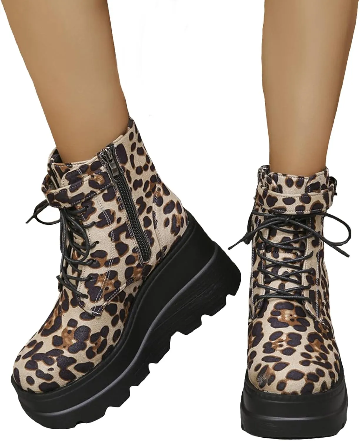 Womens Goth Ankle Booties Punk Boots Chunky High Heel Mid Calf Boots Lace Up Zip Combat Boots Platform Boots for Women