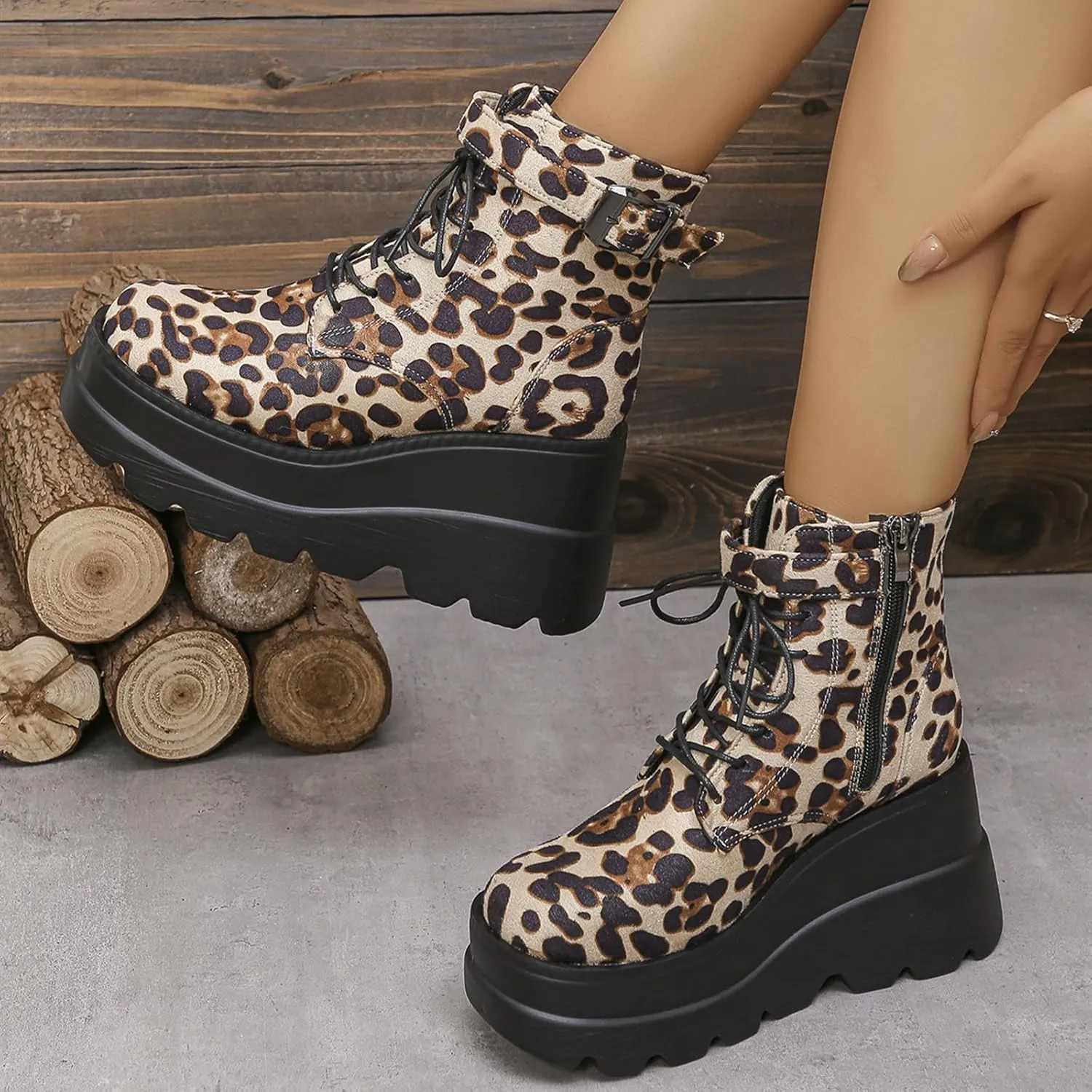 Womens Goth Ankle Booties Punk Boots Chunky High Heel Mid Calf Boots Lace Up Zip Combat Boots Platform Boots for Women