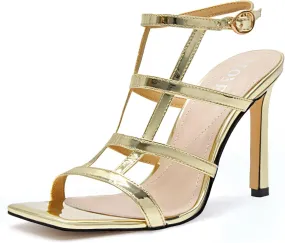 Womens Strappy Heeled Sandals Stilettos High Heels Square Open Toe Heels Buckle Ankle Wedding Party Dress Heels